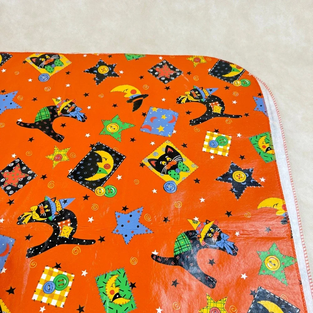Halloween Vinyl/Flannel Backed Tablecloth Orange Black Cat Moon Stars 86